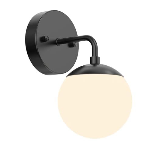 Nachttischlampe Kugel,Wandleuchte aus Metall in Schwarz mit weißem Glaskugelschirm, E27 Leuchte, Dekorative Wandleuchte Flur,Einfache Moderne Wandleuchten für Schminktisch