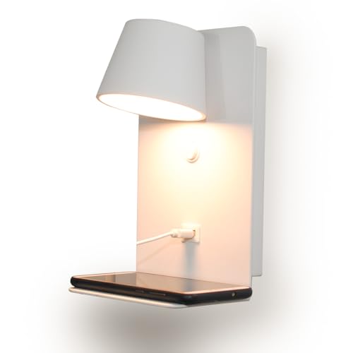 Alpinaluz LED-Wandlampe 6W Warmweiß, Schwenkbar mit Schalter, USB-Anschluss und Handyhalterung in weißem Aluminium für Nachttisch oder Kopfteil