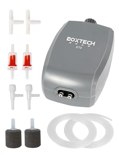 Boxtech Aquarium Luftpumpe Regelbar Durchfluss，Fisch Membranpumpe Doppelauslass,Teich Luftsprudler Mit Zubehör für Aquarien(3,5 Watts)