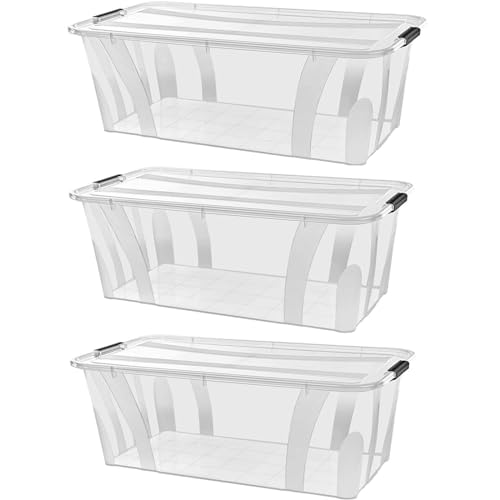 astor24 PREMIUM 3er XXL Set Aufbewahrungsbox transparent Organizer mit Deckel stapelbar. Ideal für Büro, Kinderzimmer, Küche & Werkstatt (3er Set 80 Liter)