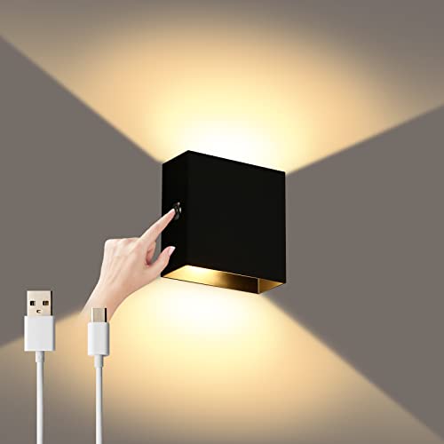 Lightess LED Wandleuchte Innen Wandlampe Akku Touch Dimmen Wandleuchte ohne Stromanschluss Kabellose Aufladbar USB Magnetisch Wandlampe Up Down für Schlafzimmer Wohnzimmer Schwarz-Warmweiß