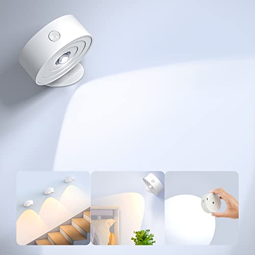 LED Wandleuchte Innen mit Bewegungsmelder USB-C Aufladbare Wandlampe mit Akku Touch Control Helligkeit dimmbar 3 Farbmodi 360° drehbare für Wohnzimmer Schlafzimmer Treppenhaus Flur Nachttischlampe