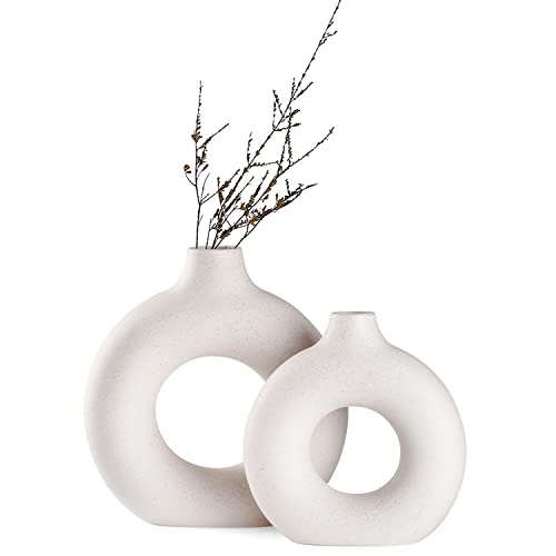 Sawoake Weiße Donut Keramik Vase Satz von 2 für Moderne Home Decor, Runde Matte Vasen für Pampasgras, Neutral Boho Nordic Minimalismus Stil Blumenvasen（Groß+klein）