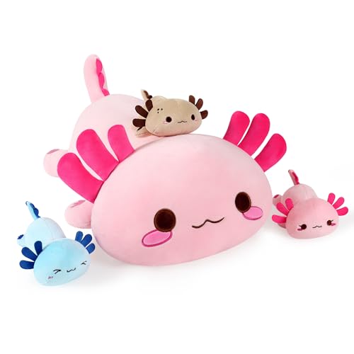 Shownicer Plüschtier Axolotl Kuscheltier Stofftier Kawaii Plüsch, Mama & 3 Babys Plüschkissen Spielzeug, Kissen Puppe, Wurfkissen Schmusetier Geschenk für Kinder Mädchen Jungen