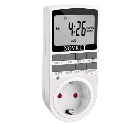 NOVKIT digitale Zeitschaltuhr Steckdose mit 10 konfigurierbaren wöchentlichen Programme und einbruchsicheren Zufallsfunktion für Innen (230V / 16A / 3680W)