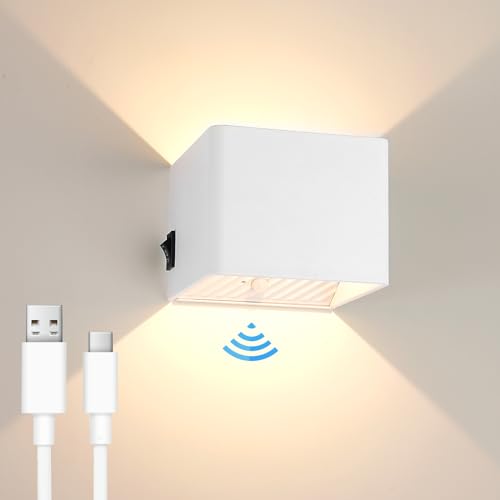 GeyouLux 3000mAh Akku Wandleuchte mit Bewegungsmelder Innen 5W LED Wandleuchte Ohne Stromanschluss,USB Aufladbare Wandbeleuchtung 3000K Magnetische Wandlampe mit Schalter für Schlafzimmer Wohnzimmer