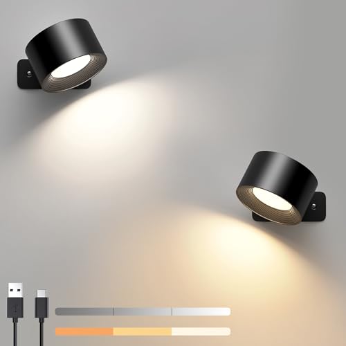 LED Wandleuchte Innen 2 Stück, 3 Helligkeitsstufen 3 Farbmodi Nachttischlampe, 360° Drehbare Touch Control Wandlampen, Wandlampe für Wohnzimmer Schlafzimmer Flur Kabellose Wandleuchten (Schwarz)