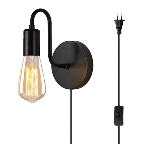 ANKBOY Vintage Wandleuchte mit Schalter und Stecker Innen Wandlampe mit Kabel Steckdose Schwarz Metall E27 Lampe Industrial Retro Wandbeleuchtung für Wohnzimmer Schlafzimmer Loft, Ohne Lichtquelle