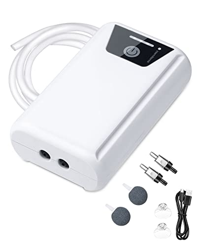 Petbank Aquarium Luftpumpe Sauerstoffpumpe für Aquarium USB Aquarium Luftpumpe Regelbar, 2600mAh Batterie Aquarium pumpe, Zwei Stromversorgungsmodi Aquarium Bubbler 1.5-2L/min*2