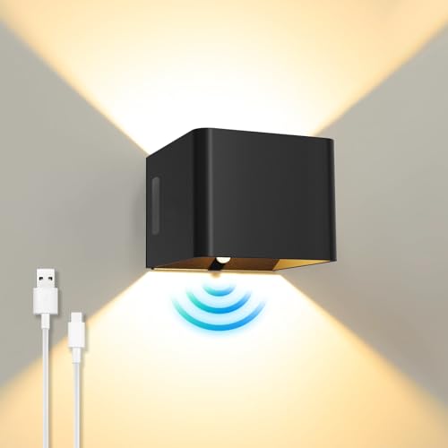 ACMHNC Akku Wandleuchte mit Bewegungsmelder Innen LED Kabellose Wandlampe mit Schalter, 5W Wandleuchte Kabellos USB Aufladbare Treppenlicht Batterie, für Schlafzimmer Wohnzimmer Flur, Schwarz