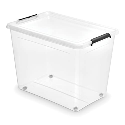 Orplast SimpleStore Aufbewahrungsbox mit Deckel und Rädern ca. 80 l - Boxen Aufbewahrung Stapelboxen 58 x 39 x 43 cm - Ordnungsboxen - Aufbewahrungsbox mit Deckel Küche Büro, Schule, Werkstatt