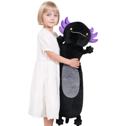 Dalmao 90CM Lange Axolotl-Plüschkissen, superweiches Axolotl-Stofftier, schwarzes Salamander-Plüsch-Körperkissen für Kinder, Jungen und Mädchen, Halloween, Weihnachten, Erntedankfest, Geburtstage