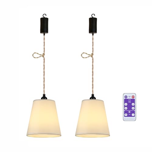 2x Stoff Hängelampe mit Batterie Hanfseil Boho Lampe Akku Deckenlampe Ohne Strom Stromanschluss Batteriebetriebene Deckenleuchte Hängeleuchte Hängelampen mit Glühbirne Lampenschirm Schlafzimmer Deko