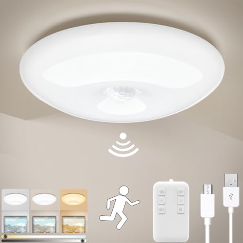 1 pcs USB Aufladbare LED Deckenleuchte mit Bewegungssensor, Dimmbare Akku Deckenlampe mit Fernbedienung, 3000-6000K 4000mAh Weiß Runde Kabellos Deckenleuchten für Schrank Flur Badzimmer Treppe Ø20cm