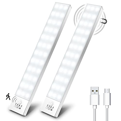 Schrankbeleuchtung LED mit Bewegungsmelder 2 Stück Schranklicht Schrankleuchte Led Leiste Batterie USB Wiederaufladbar Unterbauleuchte Küche für Kleiderschrank, Treppe, Kofferraum, RV