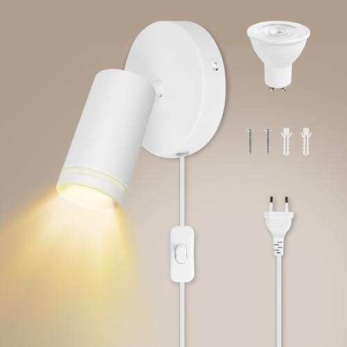 Lamptobe Wandlampe mit Kabel und Schalter GU10 Wandleuchte Innen mit Stecker, Wandleuchte Spot Drehbare 350°Wandstrahler Kabel 5W 3000K Strahler Innen mit Glühbirne für Schlafzimmer, Wohnzimmer, Küche