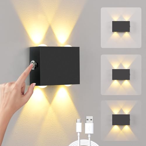 VOMI Wandleuchte Ohne Stromanschluss Schwarz, LED Akku Wandlampe Batteriebetrieben 4000mAh Up and Down Leuchten Innen Kabellos Aufladbar mit Schalter, Touch Control Helligkeitsstufen, 4W Warmweiß