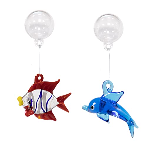 CGLRybO Aquarium-Dekorationen, Aquarium Ornament, Nette Glas 2-Pcs Fisch Tank Dekorationen Schwimmende Dekor Fisch&Delfin mit schwimmendem Gerät, Nette Fisch Tank Zubehör für alle Fisch Tank