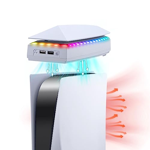 Mcbazel PS5 lüfter Kühlstation Verstellbarer 3 Geschwindigkeits RGB Beleuchtung Oberer Kühlventilator Staubschutzkühler mit zusätzlichen USB2.0 Ports -Weiß(Nicht für PS5 Slim)