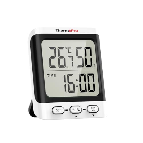 ThermoPro TP152 Thermometer Innen Hygrometer 0.5℃ Präzise Raumthermometer Uhrzeit Luftfeuchtigkeitsmesser Temperaturmessgerät Ideal für Wohnzimmer, Büro, Garage oder Gewächshaus, Schwarz