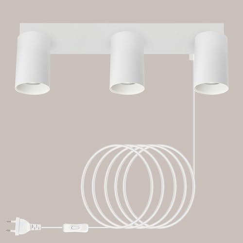 TaFiCo Wandlampe mit Schalter und Stecker 3 Flammig Weiß GU10 - Wandleuchte mit Stecker und Kabel Drehbar 350° Moderne für Schlafzimmer Wohnzimmer Korridor Wandmalerei - Ohne Leuchtmittel