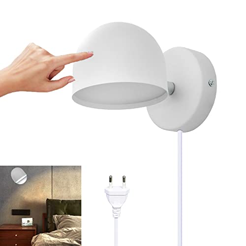 12W LED Innen Wandleuchte Mit Stecker, Touch Control Wandlampe Dimmbar, 360° Drehbare Nachttischlampe, 3000k Warmweiß Einstellbar Leselicht Für Wohnzimmer, Schlafzimmer, Treppen, Flur, Büro,Weiß