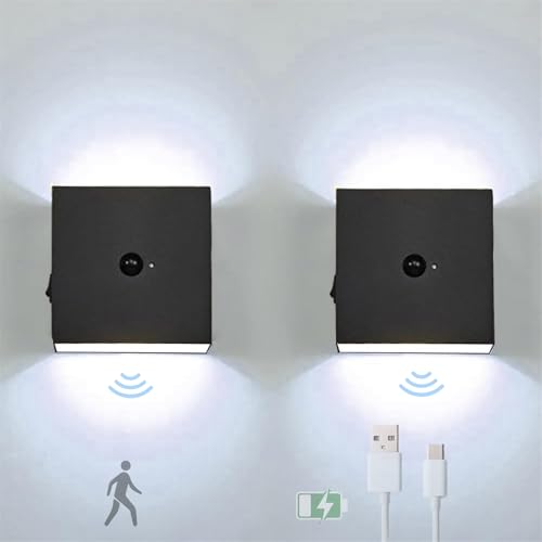 LED Wohnzimmer Wandleuchte mit Bewegungsmelder Wandlampe 4000mAh Akku Innen Kabellose Wandlicht USB Aufladbare mit Schalter Wandbeleuchtung für Schlafzimmer Treppe Korridor (Weißes Licht,2 Stück)