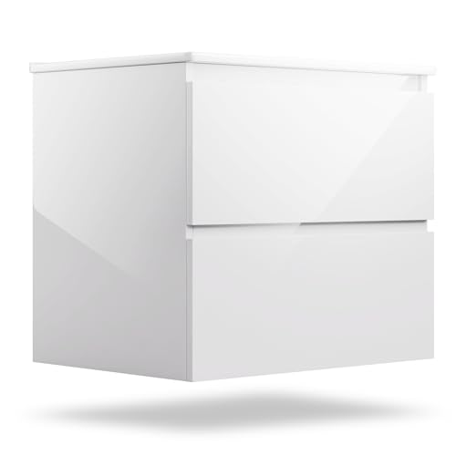 blumfeldt Badezimmerschrank mit Keramik-Waschbecken, 60 cm Waschbeckenunterschrank in Hochglanz-Weiß - Stilvoller Schrank für elegantes Badezimmerdesign