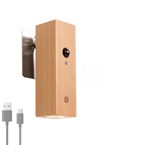 LED Innen Holz Wandlampe mit Akku Kabellos Wandleuchte mit Bewegungsmelder 360° Drehbare Wandlicht Lampen Batteriebetriebene USB Wandbeleuchtung für Schlafzimmer Flur Treppenhaus Warmweiß (1 Stück)