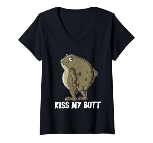 Damen Kaulquappe Frecher Frosch gemeine Kröte sagt kiss my Butt T-Shirt mit V-Ausschnitt