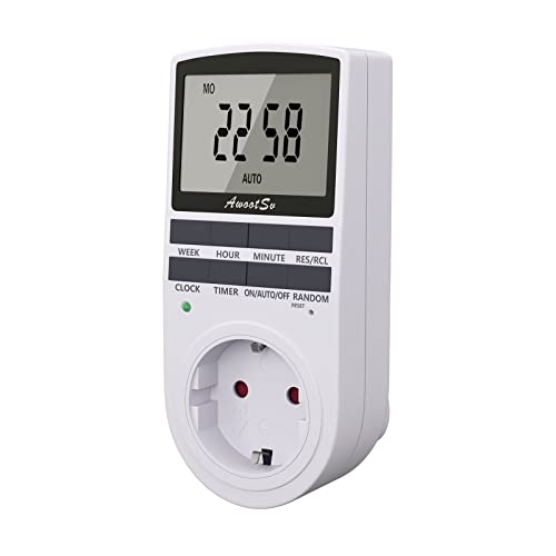 Awootsv Digitale Zeitschaltuhr Steckdose mit LCD-Anzeige 24 Stunden/Woche Indoor Plug in Elektrische Zeitschaltuhr für Licht und Haushaltsgeräte stromzähler für Steckdose zeitschaltuhren (1 Pack)