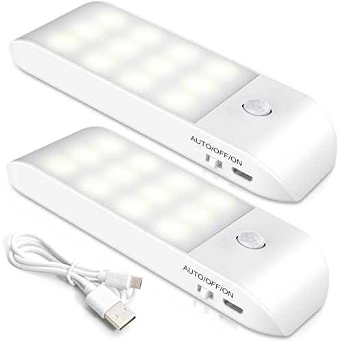 Nachtlicht mit Bewegungsmelder, [2 Stück] 24LED Aufladbar USB Schranklicht mit 3 Modi(Auto/ON/OFF), Nachtlampe Schranklichtfür Kinderzimmer, Flur, Küche, Nachttisch, Treppe, Garage Beige, Eisen Metall