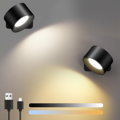 Birnetek® Wandleuchte Innen 2 Stück, Wandlampe Ohne Stromanschluss und Bohren, Dimmbar Wandleuchten mit Akku, 360° Drehbarer Touch Control für Schlafzimmer Treppen Badezimmer Wohnzimmer (Schwarz)