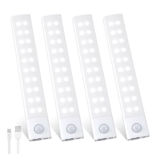 Schrankbeleuchtung LED mit Bewegungsmelder 2000mAh, 40 LEDs Unterbauleuchte Küche 20CM, USB-C Wiederaufladbar 3 Farbmodi Dimmbar Lichtleiste für Schlafzimmer Badezimmer Kleiderschrank RV - 4 Stück