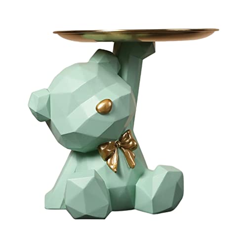 BLOOOK Statue Skulptur,Bär Figur Dekorative Tablett,Bären Skulpturen mit Dekotablett,Teddy Bär Deko Figuren Schlüsselschale,Dekoschale für Dessert Kosmetik Schmuck Kerzen (Grün (B))