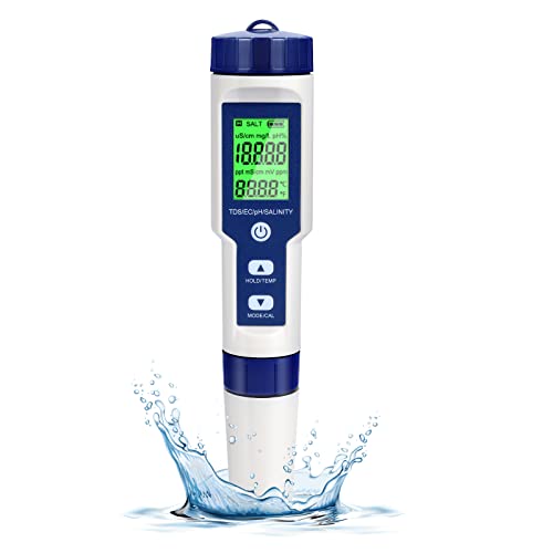 Cuteefun Digitales PH Messgerät, 5-in-1 Wassertester Mit Hintergrundbeleuchtung, PH/TDS/EC/Salzgehalt/Temp Meter Mit ATC, 0.01 Auflösung, Hochpräziser Stifttyp Tester, für Trinkwasser, Aquarium, Spas