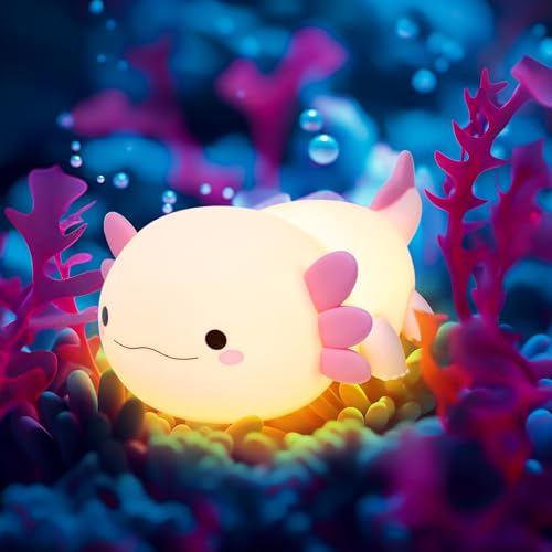 Axolotl Nachtlicht, Nachtlicht Kinder Stilllicht, Cute Silikon Axolotls Nachttischlampe, Aufladbar Touch LED Dimmbar Tischlampe mit 20 Minuten Timer, Geschenk für Baby Mädchen Junge, Zimmer Deko