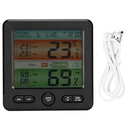 Tyenaza Thermometer-Hygrometer, digitaler Farbbildschirm, Temperatur- und Luftfeuchtigkeitsmesser, Innenuhr (Black)