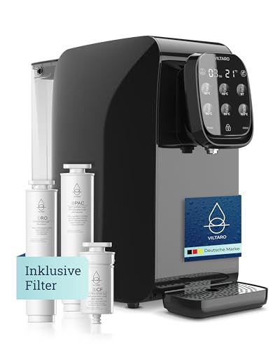 VILTARO® Osmoseanlage Trinkwasser [schwarz, 5-stufiges Filtersystem, 6 Temperaturstufen, mobil ohne Wasseranschluss] | Umkehrosmoseanlage | Osmose Wasserfilter | Kalkfilter | Trinkwasserfilter