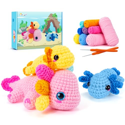 Häkelset für Anfänger, 3-teiliges Axolotl-Häkelset für Erwachsene und Kinder, Häkel-Starter-Set mit Schritt-für-Schritt-Video-Tutorials, Häkeltier-Kits, DIY-Bastelstrickset, Häkelset für Erwachsene