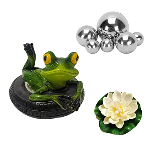 Super Idee Klein Garten Teiche Deko Set Frosch auf Reifen Schwimmtier mit 6 Schwimmkugeln und 2 STK Schwimmend Lotusblüte als Gartendekoration für Miniteich (Liegend Frosch)