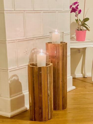 Dekoleidenschaft Windlichtsäule Rustikal aus recyceltem Holz, 63 cm hoch, Kerzensäule, Holzsäule, Kerzenhalter, Dekosäule mit Kerzenglas, Bodenwindlicht