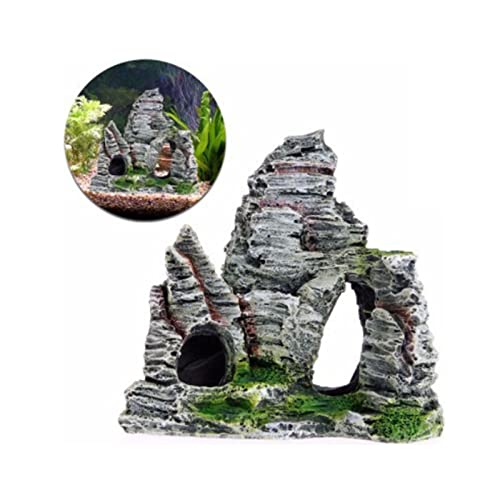 KewMayer 1Pcs Aquarium Rock Cave Dekoration mit Grün Gras für Fische Garnelen Verstecken,MountainViewMoosBaumHaus,SteinNaturOptik,Felsenhöhle,für Fische Garnelen Verstecken Aquarium Dekoration