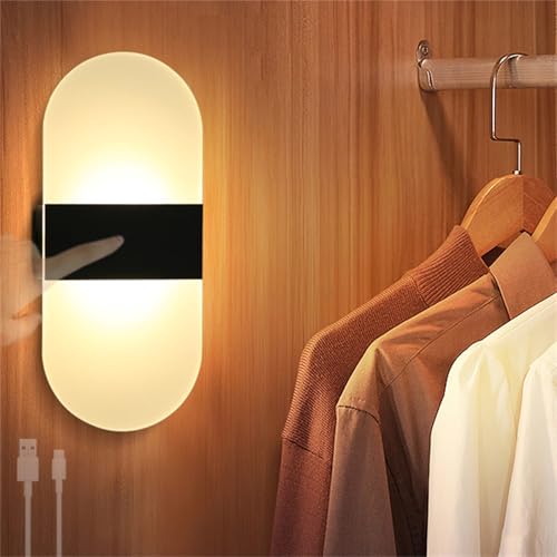 TZSMUM USB Aufladbar Wandleuchte Innen mit Touch Control Schalter Akku Wandleuchtung Kabellose Modern Wandlampe Helligkeit Einstellbar Nachtlicht für Treppenbeleuchtung (Schwarz,Warmes Licht)