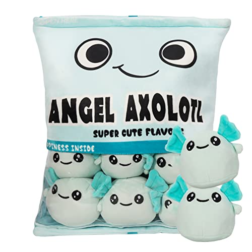 HXPLN Axolotl Plüsch Kissen, Abnehmbare Axolotl Kuscheltier Snack Kissen, Axolotl Pudding Kissen, Tasche mit Axolotl Plüschtier, Niedliche Geschenk für Jugendliche, Mädchen, Kinder (6 Blaue Axolotls)