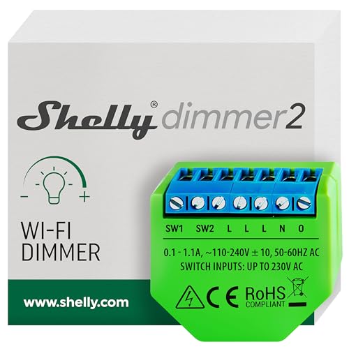 Shelly Dimmer 2, Intelligenter Wlan Dimmer, Kein Neutralleiter nötig, Hausautomatisierung, Kompatibel mit Alexa & Google Home, iOS Android App, Kein Hub erforderlich, Dimmbare Lichter