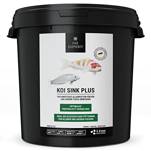 FIVE ELEMENTS® Koi Sink Plus | 9,0 kg | optimal auch als Sommerfutter | sinkendes Koi-Futter | wiederverwendbarer Eimer