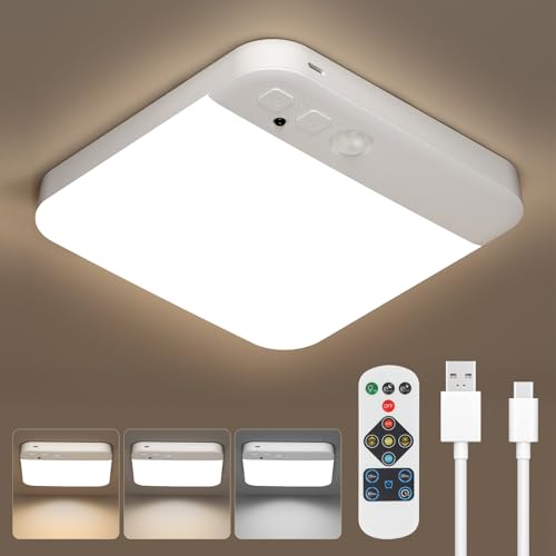 Kambo LED Akku Deckenlampe mit Bewegungsmelder Innen - Dimmbar Deckenleuchte mit Fernbedienung und Timer - Lampe Decke USB Aufladbar Batterie für Flur, Keller, Treppenhaus