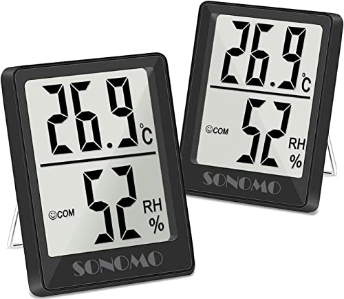 SONOMO Thermo-Hygrometer,2 Stück Digital Hygrometer Innen, Thermometer Innen Feuchtigkeit Hohen Genauigkeit,Für vertikale oder Wandmontage Luftfeuchtigkeitsmessgerät,Für Innenraum-(schwarz)