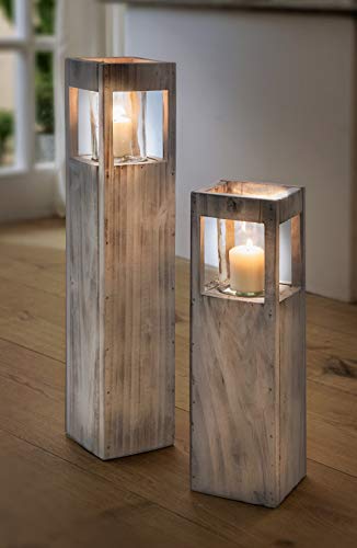 Dekoleidenschaft Windlicht-Säule “Shabby-Charme” groß, 70 cm hoch, aus Holz & Glas, Dekosäule mit Kerzenglas, Bodenwindlicht, Holzsäule, Kerzensäule